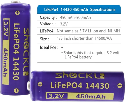 Vista 7 de Shockli 14430 - Batería solar recargable LiFePo4 de 3.2 V 450 mAh para luz solar de paisaje, más corta que AA!