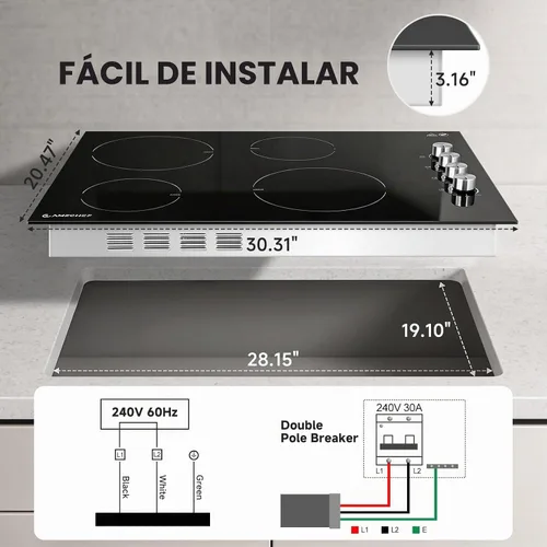 Vista 5 de AMZCHEF Estufa eléctrica de 30" 4 quemadores 7000W Estufa incorporada Todos