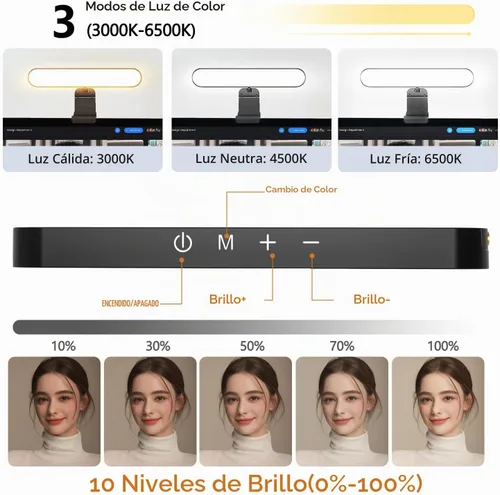 Vista 4 de yAyusi Iluminación de videoconferencia de doble lámpara, luz LED de transmisión con control remoto y táctil, iluminación de zoom para computadora