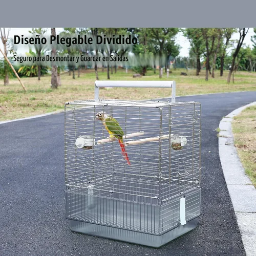 Vista 6 de Jaula para pájaros de viaje de acero inoxidable, 304 portátil, plegable, para loros, conures, cacatúas, periquitos, jaula grande de 17 pulgadas