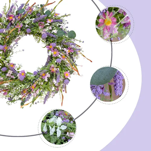 Vista 2 de Corona de flores silvestres de primavera y uso diario de 24 pulgadas para puerta delantera, hojas verdes mixtas y corona de flores