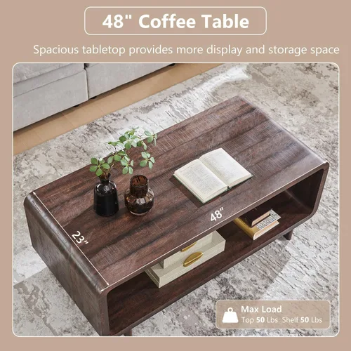 Vista 4 de IFGET Mesa de Centro Moderna de 48", Mesa Central Minimalista de 2 Niveles con Estante de Almacenamiento, Diseño de Perfil Curvo, Mesa Rectangular