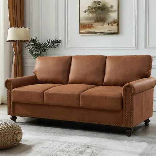 Vista 11 de Sofá de 80" de cuero sintético con almacenamiento, sofás de brazos enrollados de estilo moderno de mediados de siglo para muebles de sala de estar