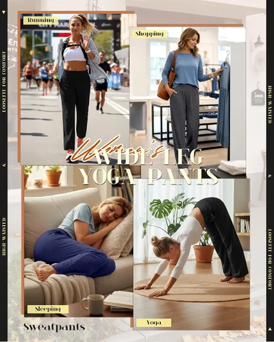Vista 65 de Neer - Conjunto de 3 pantalones de yoga de pierna ancha para mujer - Pantalones deportivos cómodos, holgados, de cintura alta y casuales