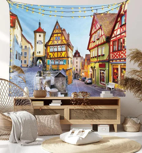 Vista 8 de Ambesonne Tapiz alemán, Rothenburg ob der Tauber Baviera Alemania famosa calle colorida casas clásicas, decoración de tela para colgar en la pared