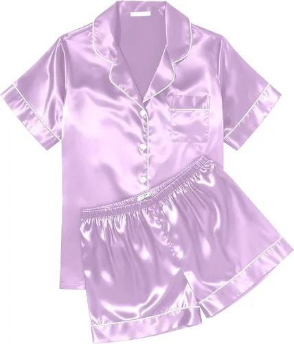 Vista 30 de Ekouaer Conjunto de pijama de satén de seda para mujer, suave, de manga corta, con botones, ropa para dormir, camiseta y pantalones cortos, juego