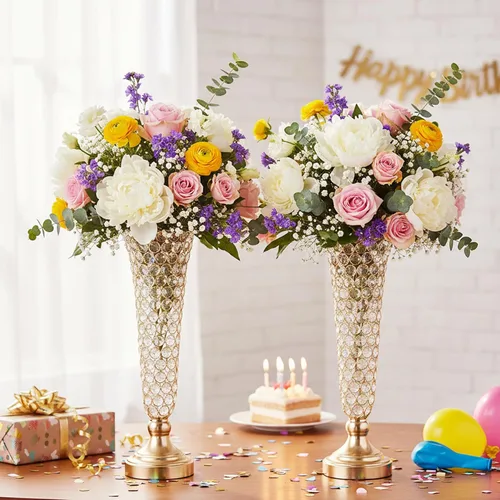 Vista 6 de Floreros de cristal dorado LoveCat: jarrones de metal de 20 pulgadas de alto para mesas Elegant Metal Floral Stands, Crystal Gold Vases for
