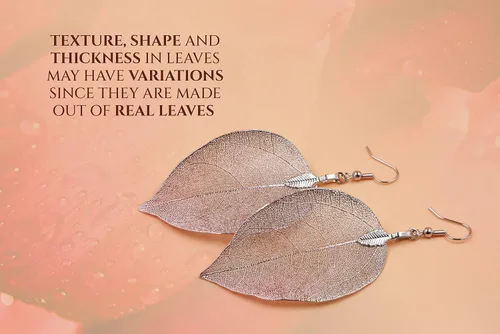 Vista 18 de Joyas de hoja de oro rosa y plata para mujer. Pendientes de hoja natural y collares circulares colgantes. Elegantes conjuntos de joyas colgantes.