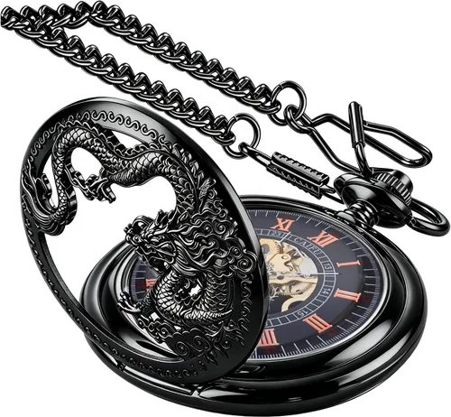 Vista 8 de Men's Mechanical Hollow Dragon Design Hand Wind Pocket Watch Roman Numerals Steampunk with Chain Box Cus-PJX1346-bronce negro