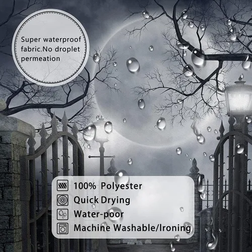 Vista 4 de Cortina de ducha de Halloween para baño, noche aterradora, patio, puerta, luna espeluznante, árbol muerto, lámpara de calle, poliester, impermeable