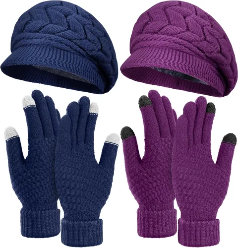 Vista 23 de SATINIOR Juego de 4 gorros y guantes de invierno para mujer, gorro de punto cálido, gorro de esquí de nieve con visera y guante para pantalla rojo