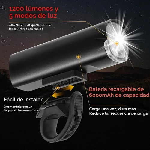 Vista 3 de Luces de bicicleta de 6000 mAh para conducción nocturna, luces brillantes de bicicleta de 1200 lúmenes, luces de bicicleta recargables USB