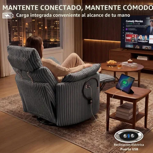 Vista 4 de Silla reclinable eléctrica de pana con USB y reposacabezas ajustable, color Corduroy-gris-eléctrico
