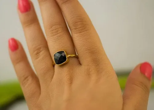 Vista 3 de Anillos de piedra preciosa de ónix con pompón de plata 925, cojín de 0.394in