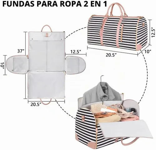 Vista 2 de Bolsa de ropa de equipaje de mano, bolsas grandes de cuero PU para ropa de viaje con bolsa para zapatos, Grande, Bolso B-Rayas Blancas Negras