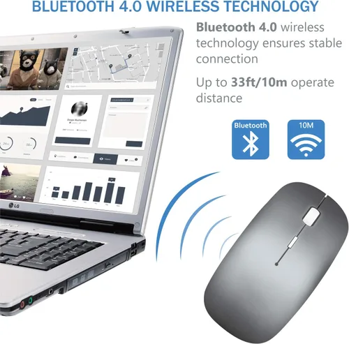 Vista 3 de Mouse Bluetooth inalámbrico recargable para MacBook Air, Mac Pro, portátil, iPad, PC, láser óptico, mini, delgado, silencioso, ampliamente Gris