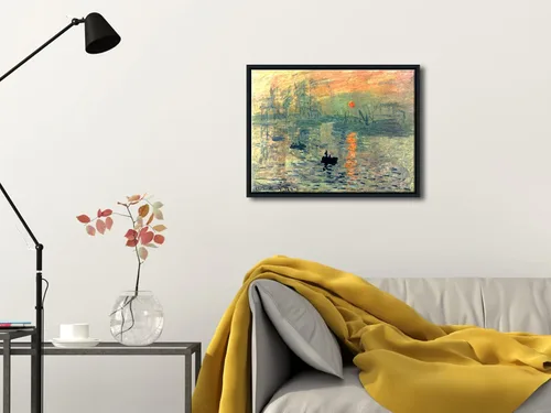 Vista 4 de Wieco Art Impression Sunrise - Lienzo enmarcado moderno para pared, impresiones de Claude Monet, pinturas al óleo, obras de arte de paisaje marino
