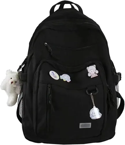 Vista 9 de Mochila estética, linda mochila Kawaii con alfileres y colgante para laptop, mochila casual para mujer, Beige, Mochilas Daypack
