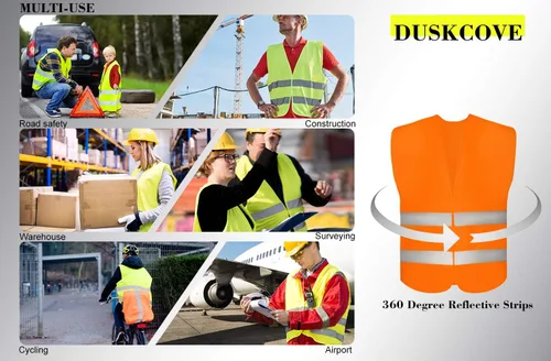 Vista 5 de DUSKCOVE Paquete de 10 chalecos de seguridad de alta visibilidad con 2 tiras reflectantes Hi Vis para hombres y mujeres, chalecos de construcción