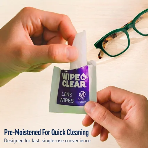 Vista 6 de Flents Wipe 'N Clear Toallitas de limpieza biodegradables para lentes de 75 unidades, toallitas limpiadoras de lentes envueltas individualmente