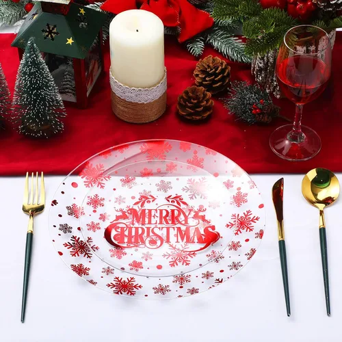 Vista 7 de 60 platos de plástico de Navidad, platos desechables de Navidad a granel, platos transparentes, platos redondos de postre para suministros de fiesta