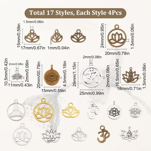 Vista 2 de SUNNYCLUE 1 caja 68 dijes de loto para yoga, flor de loto, dije hueco OM Yoga Chakra Energía Dijes planos redondos para hacer joyas, collares