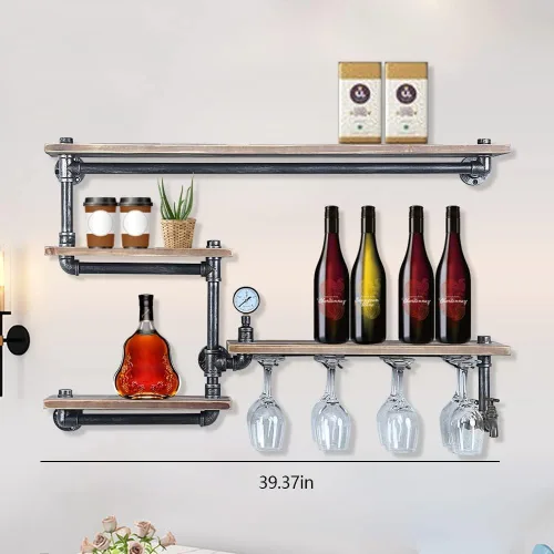 Vista 2 de Estante de vino de montaje en pared, estante industrial para vino con soporte de vidrio de 4 vástagos, estantes de bar, estante de tubo flotante