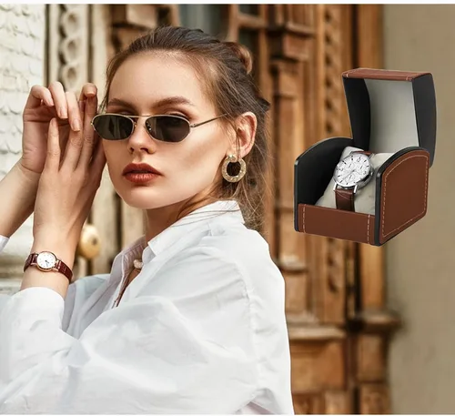Vista 4 de Funda para reloj individual, funda de viaje de piel sintética con cojín extraíble, organizador de almacenamiento de joyas, caja de reloj cuadrada