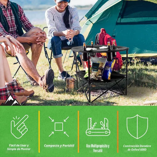 Vista 3 de Mesa de Camping - Mesa Plegable de 2 Niveles con 4 Portavasos y Bolsa de Transporte para Picnic, Tailgate, Playa o Campamento - Equipo de Camping