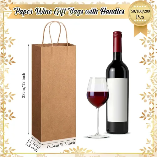 Vista 2 de Handepo 50 bolsas de papel kraft para vino con asas prácticas de 13 x 5.3 x 3.3 pulgadas, bolsas de compras para pequeñas empresas (marrón)
