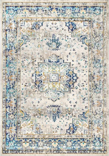 Vista 4 de nuLOOM Ainsley - Alfombra oriental persa de 3 x 5 pies para sala de estar, dormitorio, comedor, entrada, cocina, azul/marfil