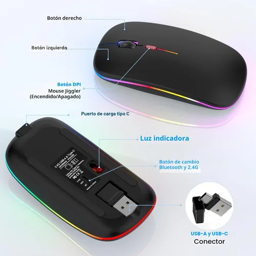 Vista 6 de Ratón inalámbrico LED Bluetooth para MacBook Air iPad Pro Mac Laptop PC - Ratón inalámbrico RGB delgado, 3 modos BT 5.2 y 2.4G USB-A/Tipo-C