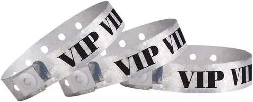 Vista 7 de 100 pulseras holográficas de plástico VIP azules de Wristco - Pulseras para eventos