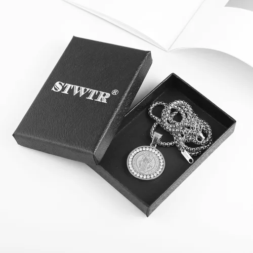 Vista 5 de STWTR Collar de medalla de San Benito de acero inoxidable, medalla del sacramento cristiano, joyería anti-mal, regalos católicos para hombres