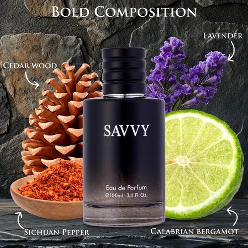 Vista 2 de Savvy for Men Eau De Parfum – Composición sofisticada de fragancia masculina de bergamota, pimienta, lavanda, anís estrellado y nuez moscada – Base