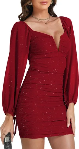 Vista 4 de Rooscier Minivestido de cóctel sexy con cuello en V y purpurina para mujer