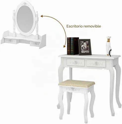 Vista 8 de Juego de tocador blanco para maquillaje y joyería con taburete, 4 cajones, espejo y escritorio de madera de Apontus