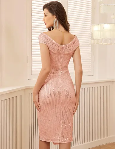 Vista 4 de JASAMBAC Vestido de lentejuelas con hombros descubiertos para mujer con dobladillo de tulipán abertura fruncida para boda noche fiesta cóctel