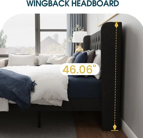 Vista 4 de WEEWAY Base de cama tapizada de tamaño matrimonial con cabecera copetuda con respaldo de alas, plataforma moderna con soporte de listones de madera