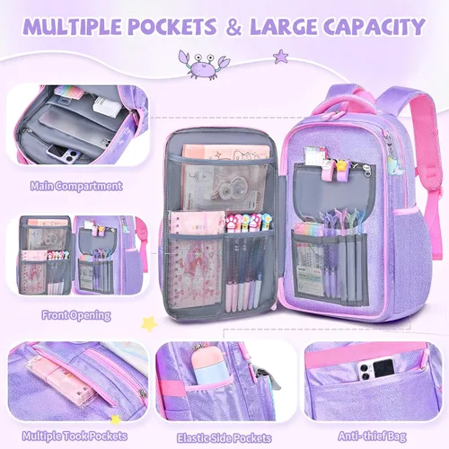 Vista 4 de Mochila para niñas, mochilas escolares de 16 pulgadas para niñas, bonita bolsa de libros para niñas, niños, estudiantes, escuela primaria, Sirena