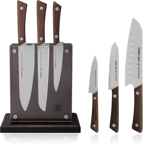 Vista 10 de Schmidt Brothers - Juego de cuchillos de cocina de 7 piezas, cubiertos de acero inoxidable alemán de alto carbono, asas de madera con acabado