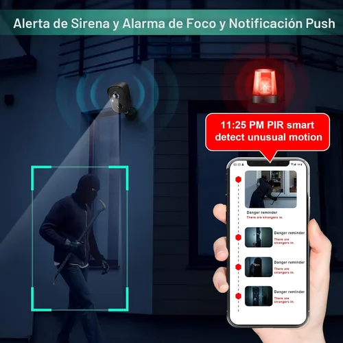 Vista 4 de Cámaras de seguridad inalámbricas para exteriores, 2K alimentadas por batería con detección de movimiento AI, foco, alarma de sirena, WiFi, cámara