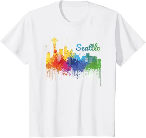 Vista 19 de Seattle Washington Skyline Watercolor Souvenir Seattle Camiseta, Negro