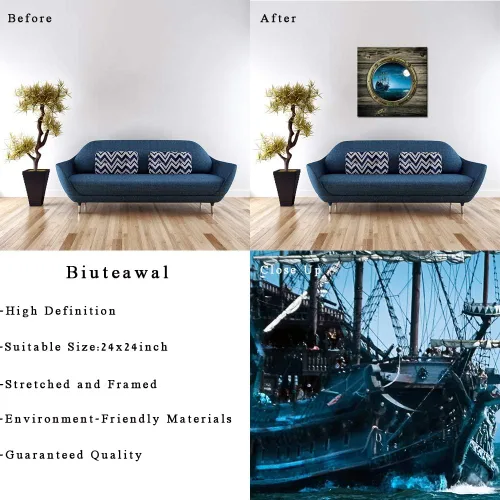 Vista 6 de Biuteawal - Lienzo con vista nocturna de luna llena, vista de ventana del océano, arte de pared, barco de vela, pintura de paisaje marino, obras