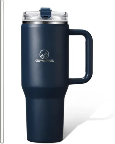 Vista 14 de Gpeng 30/40/50 oz Vaso con asa, botellas de agua con tapa de popote, taza de viaje de acero inoxidable aislada compatible con portavasos, mantiene