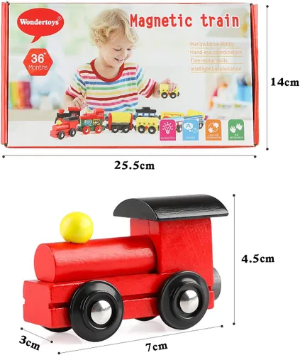 Vista 5 de Wondertoys Juego de 12 trenes magnéticos de madera, incluye 3 motores y bolsa de almacenamiento, juego de tren de madera para niños pequeños