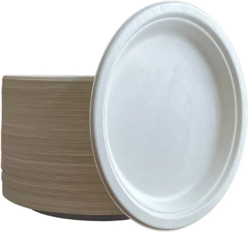 Vista 8 de Platos redondos 100% compostables [9 pulgadas - 125 unidades] Platos desechables a granel resistentes Platos reciclables blancos ecológicos