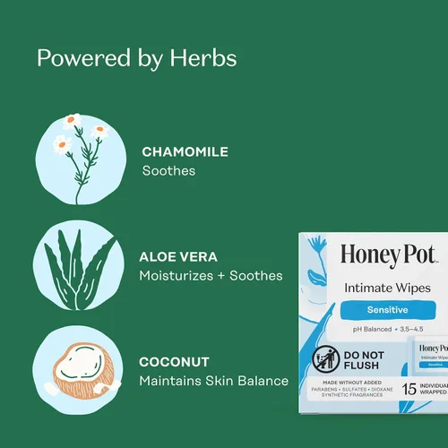 Vista 3 de The Honey Pot Company - Toallitas femeninas - Envueltas individualmente - Toallitas diarias con equilibrio de pH, sin fragancia y sin sulfato