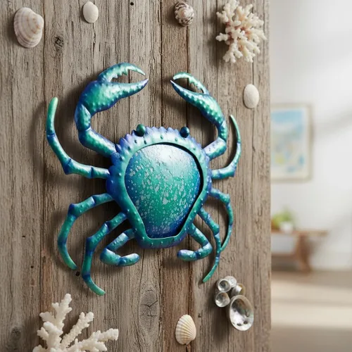 Vista 2 de Comfy Hour Decoración de pared de cangrejo de metal azul de 12 pulgadas, escultura temática náutica del océano, arte costero decorativo para playa