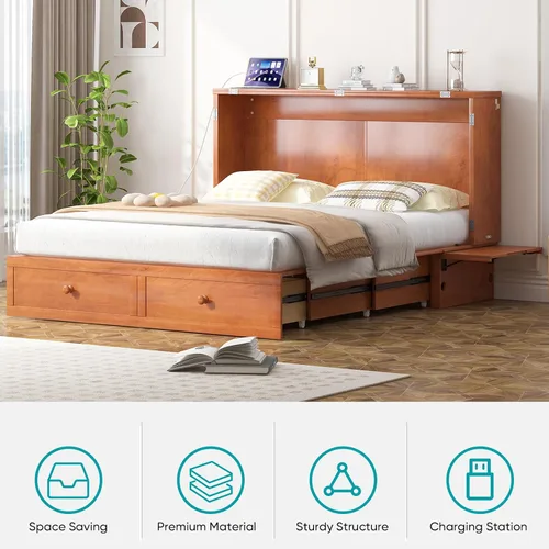Vista 7 de BALUS Murphy - Cama Queen con colchón, cama de armario para ahorrar espacio, color cereza